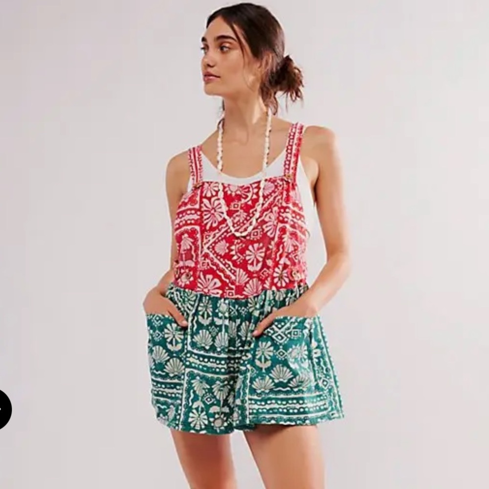 Free People Palm Bay Shortalls in Red Green Combo NWOT